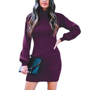 Calvin Klein Woman’s Purple Wool Mock Neck Patterned Long Sleeve Sweater Dress
